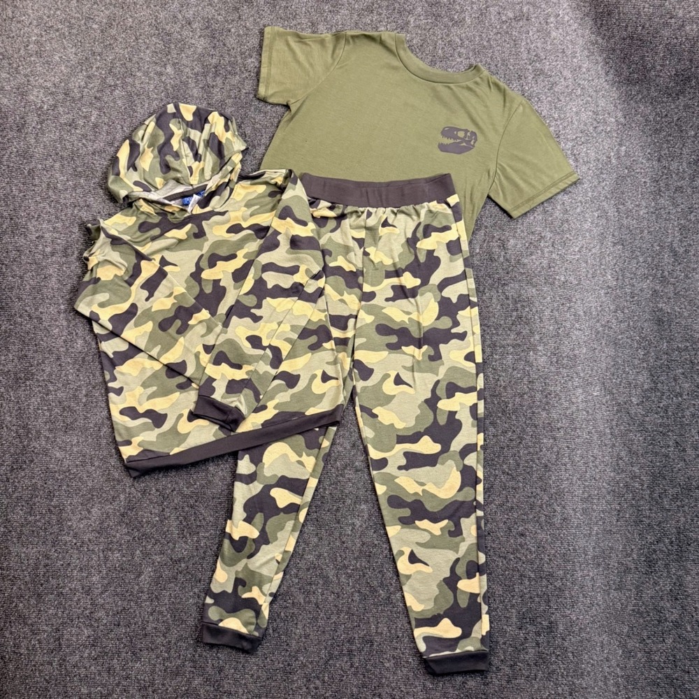Saint Eve Kids 3 Piece Pajama Set Camo Hoodie Joggers T-Rex Tee Green M 10/12